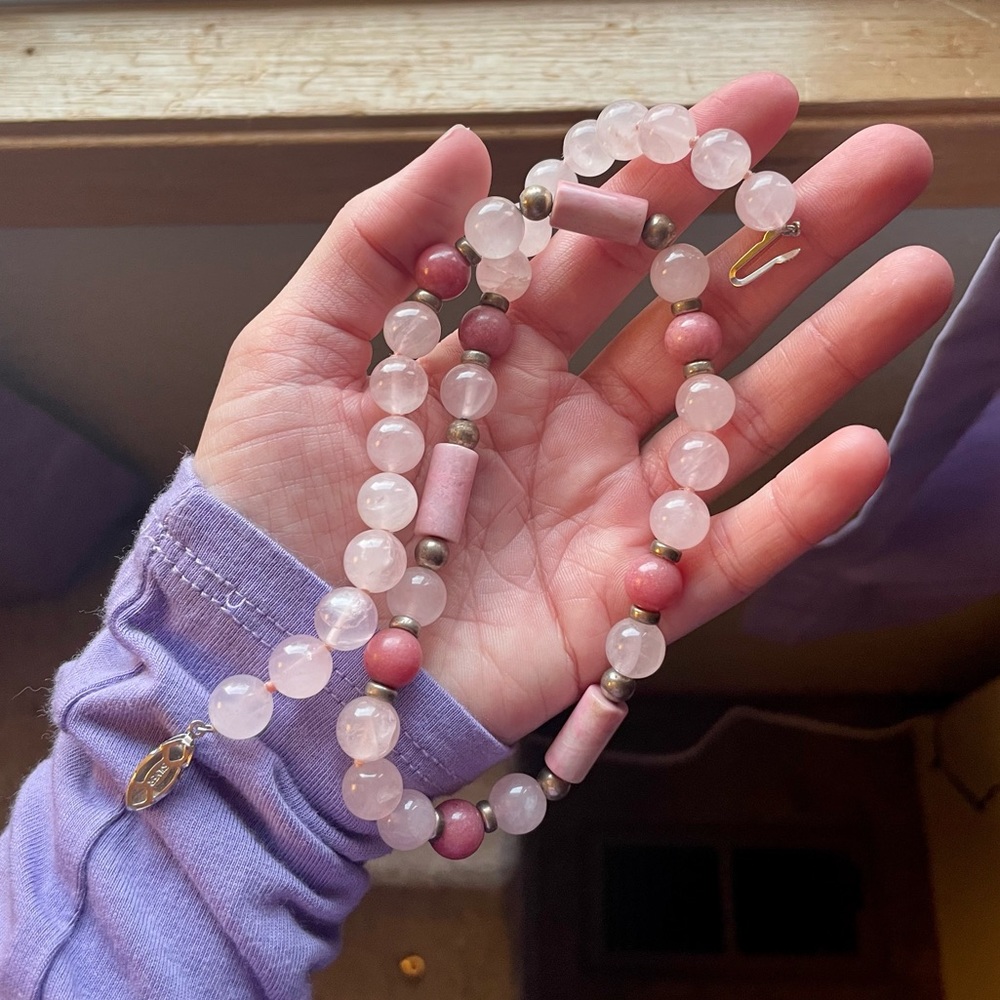 Vintage Stamped Silver Translucent Pink Bead Necklace